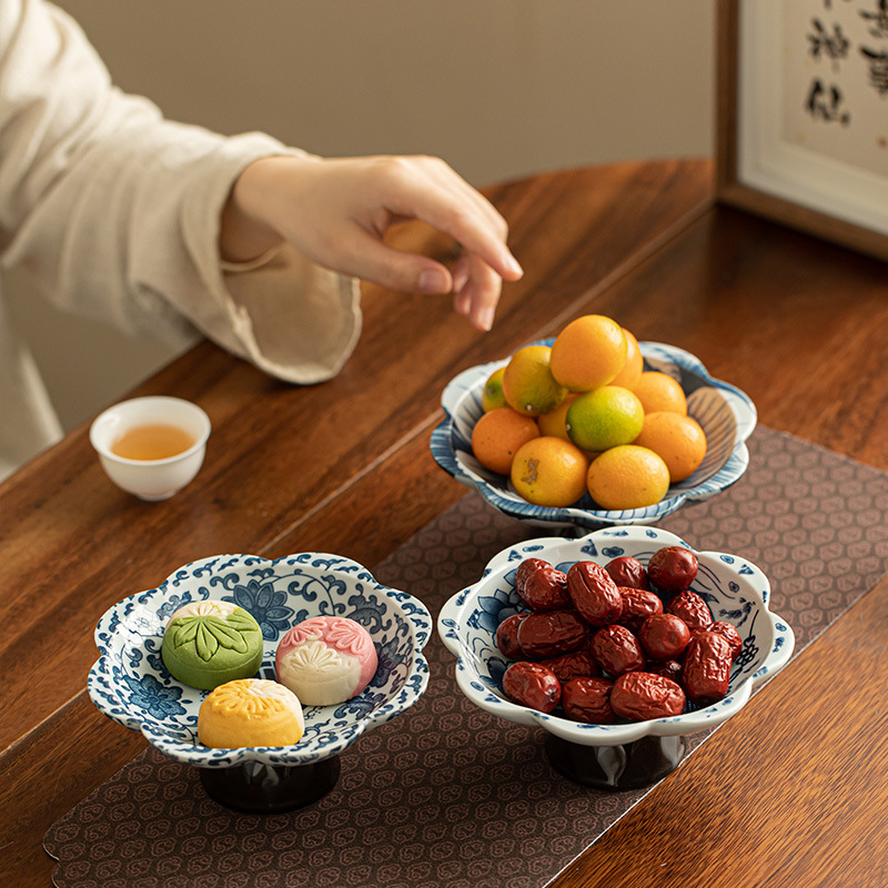 中式復古青花高腳茶點盤水果盤