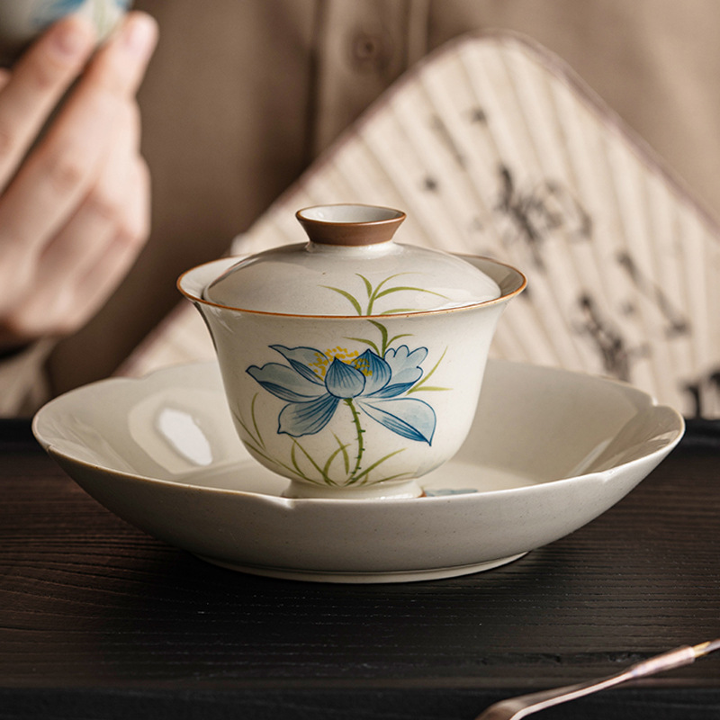 草木灰藍荷花三才蓋碗