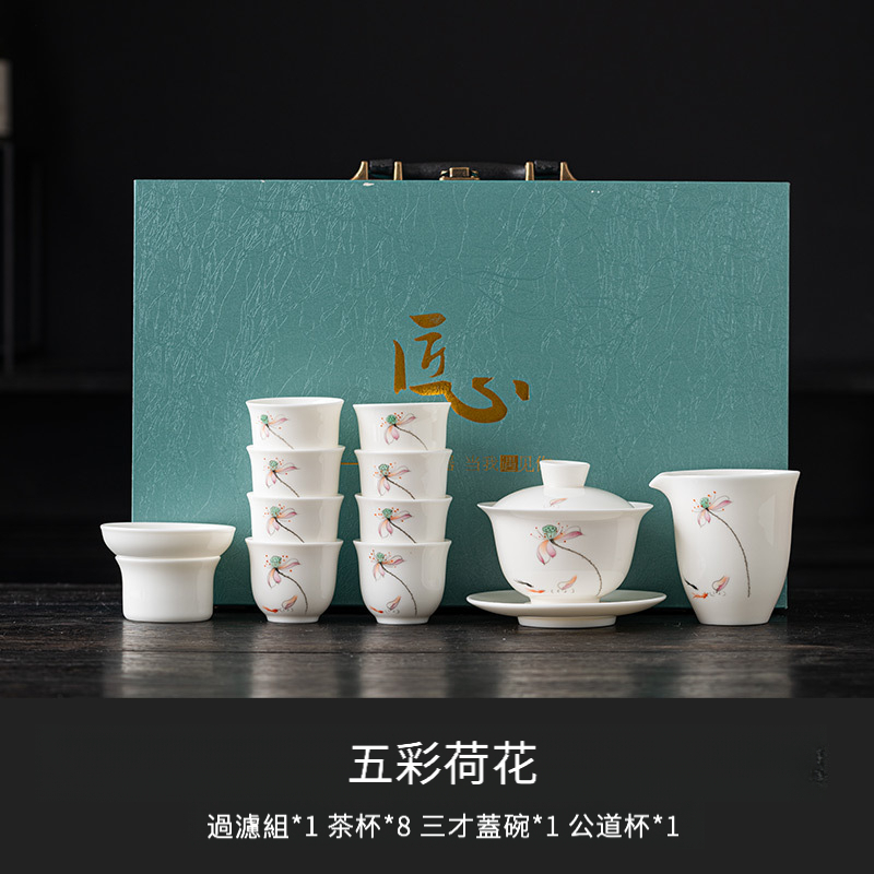 手繪羊脂玉懸停三才蓋碗