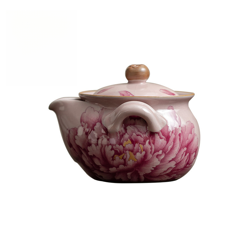 粉色汝窯牡丹寶瓶手抓壺