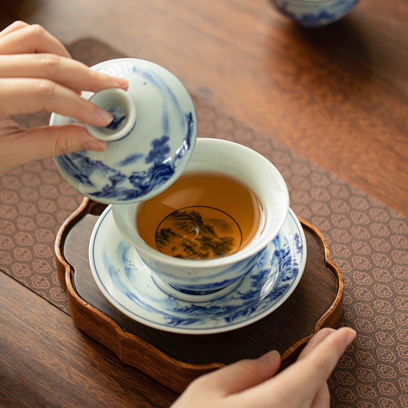 仿古青花山水三才蓋碗