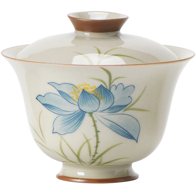 草木灰藍荷花三才蓋碗