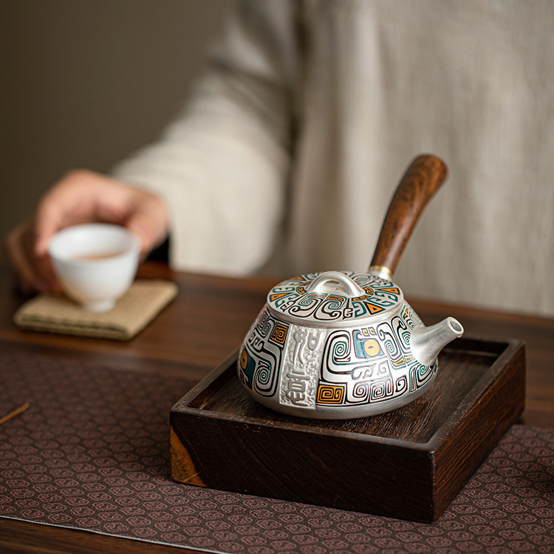 日式側把茶壺金銀錯