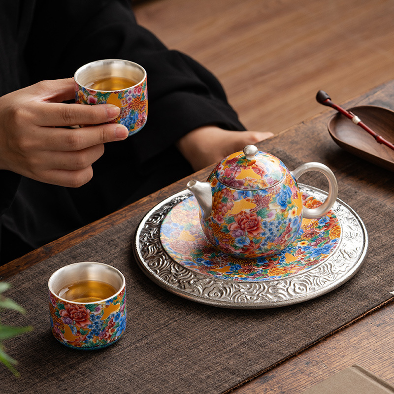 鎏銀芳華碟念花一壺兩杯禮盒裝