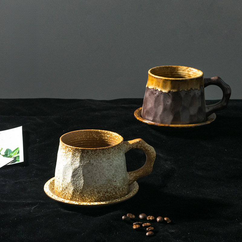 日式手工粗陶復古咖啡杯碟套裝粗陶