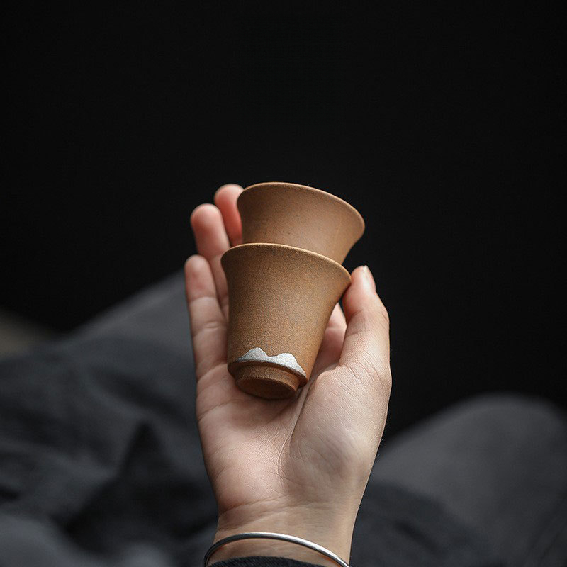 老岩泥手工復古刷銀寬口小杯