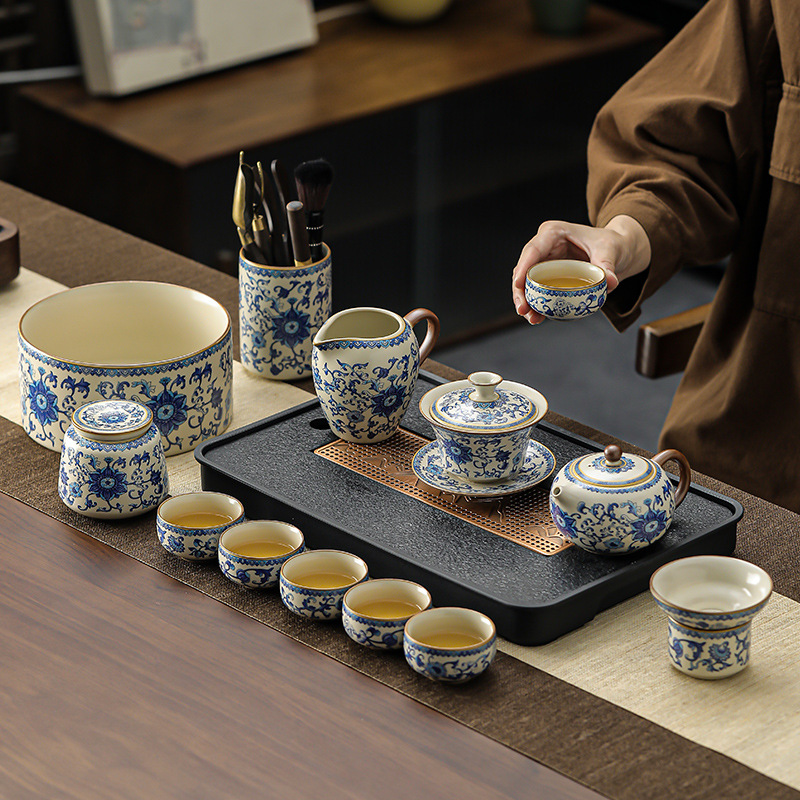 汝窯青花纏枝蓮西施壺蓋碗茶具套裝