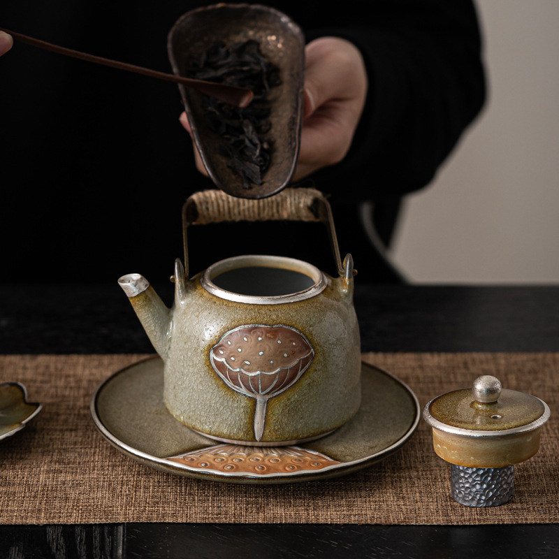 冰花釉蓮蓬提梁壺