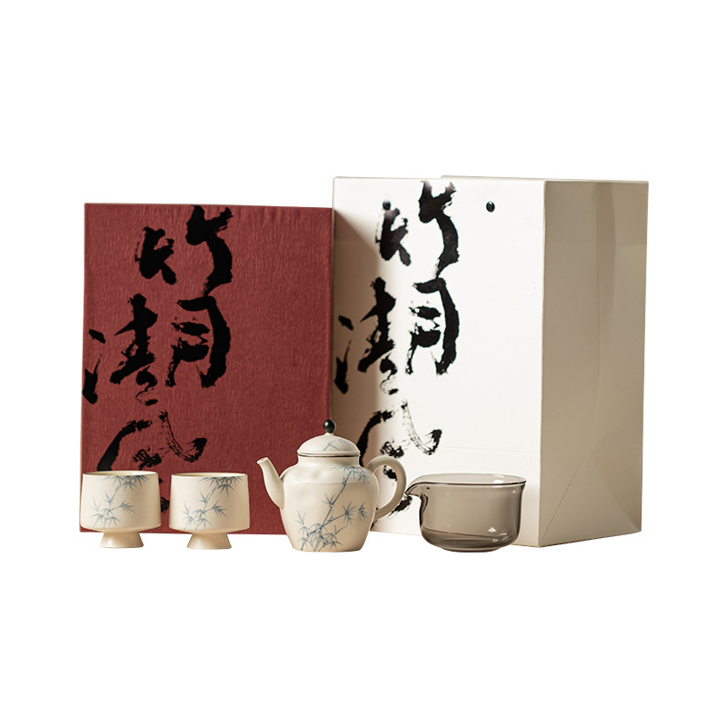 粉引手繪竹清風茶具套組