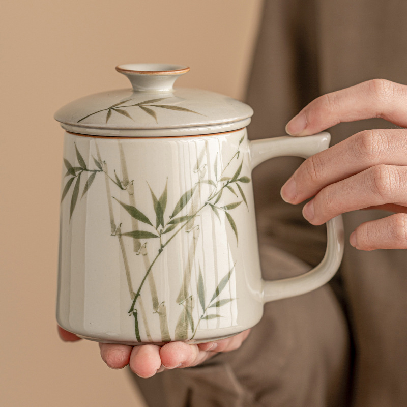 手繪翠綠文竹陶瓷辦公杯