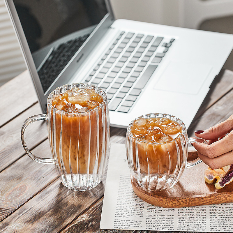 Ins 咖啡館餐廳創意條紋帶把雙層玻璃咖啡杯