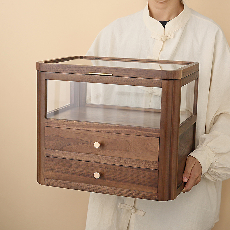 胡桃木帶蓋透明收納盒