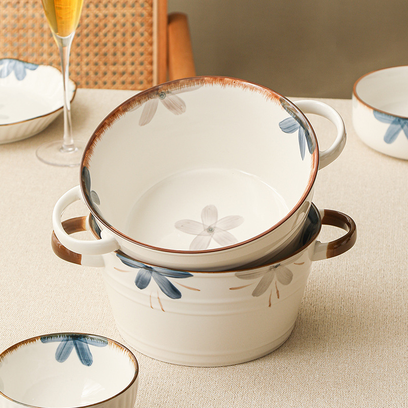 墨藍陶瓷盤子碗日式雙耳湯碗米飯碗餐具套裝