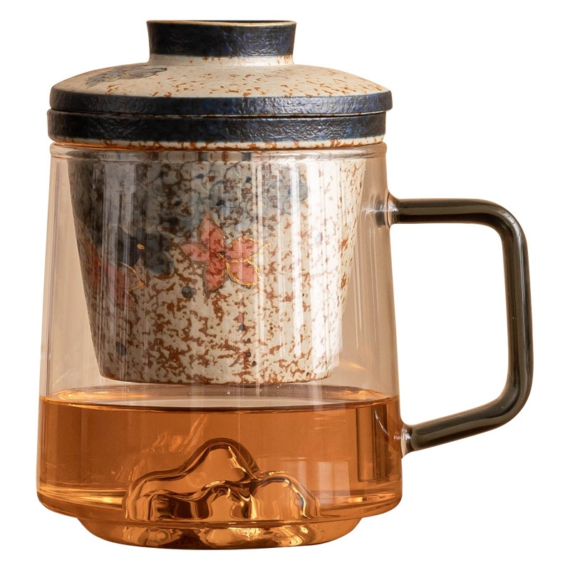 青花火石紅玻璃茶杯