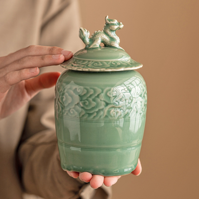 復古越窯青瓷龍騰四海茶葉罐