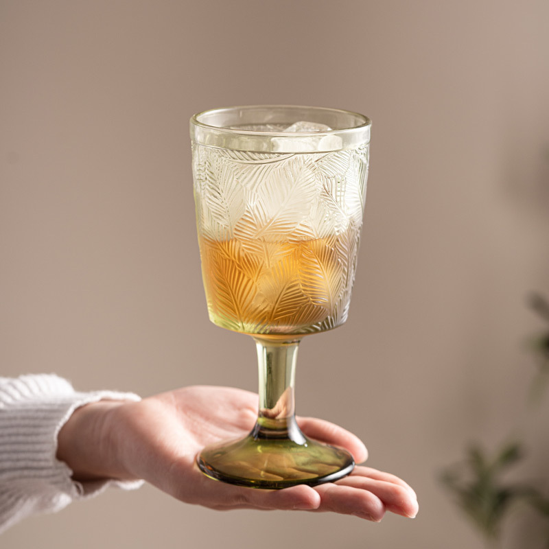 立體葉紋復古浮雕高腳杯