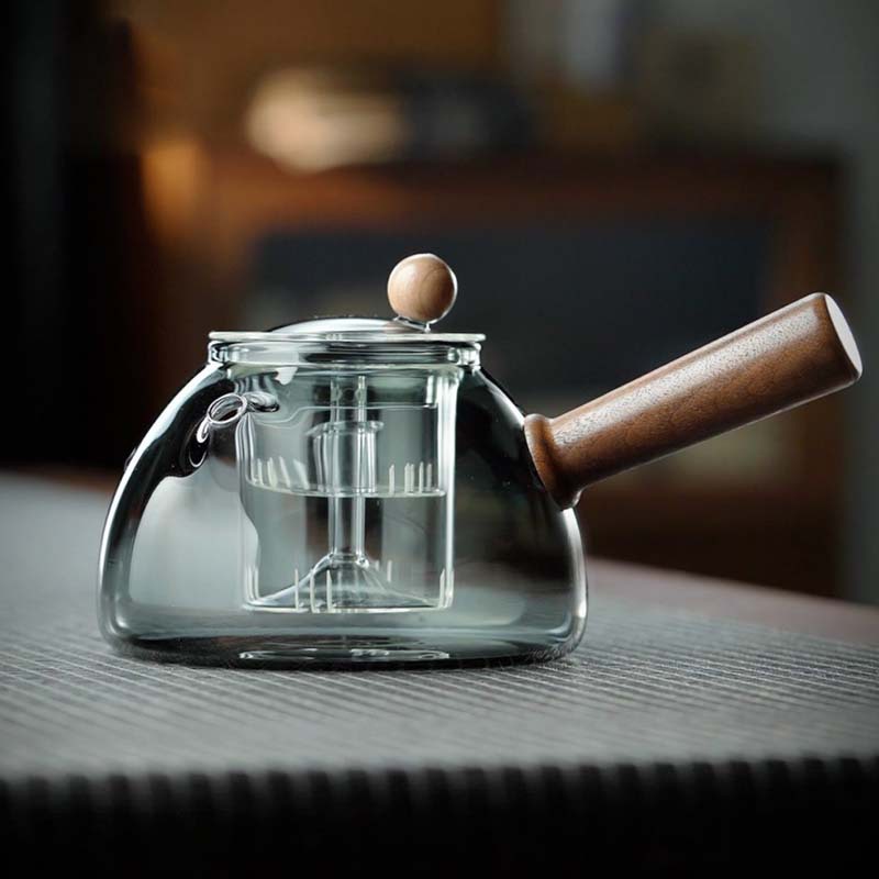 玻璃蒸煮一體木側把煮茶壺