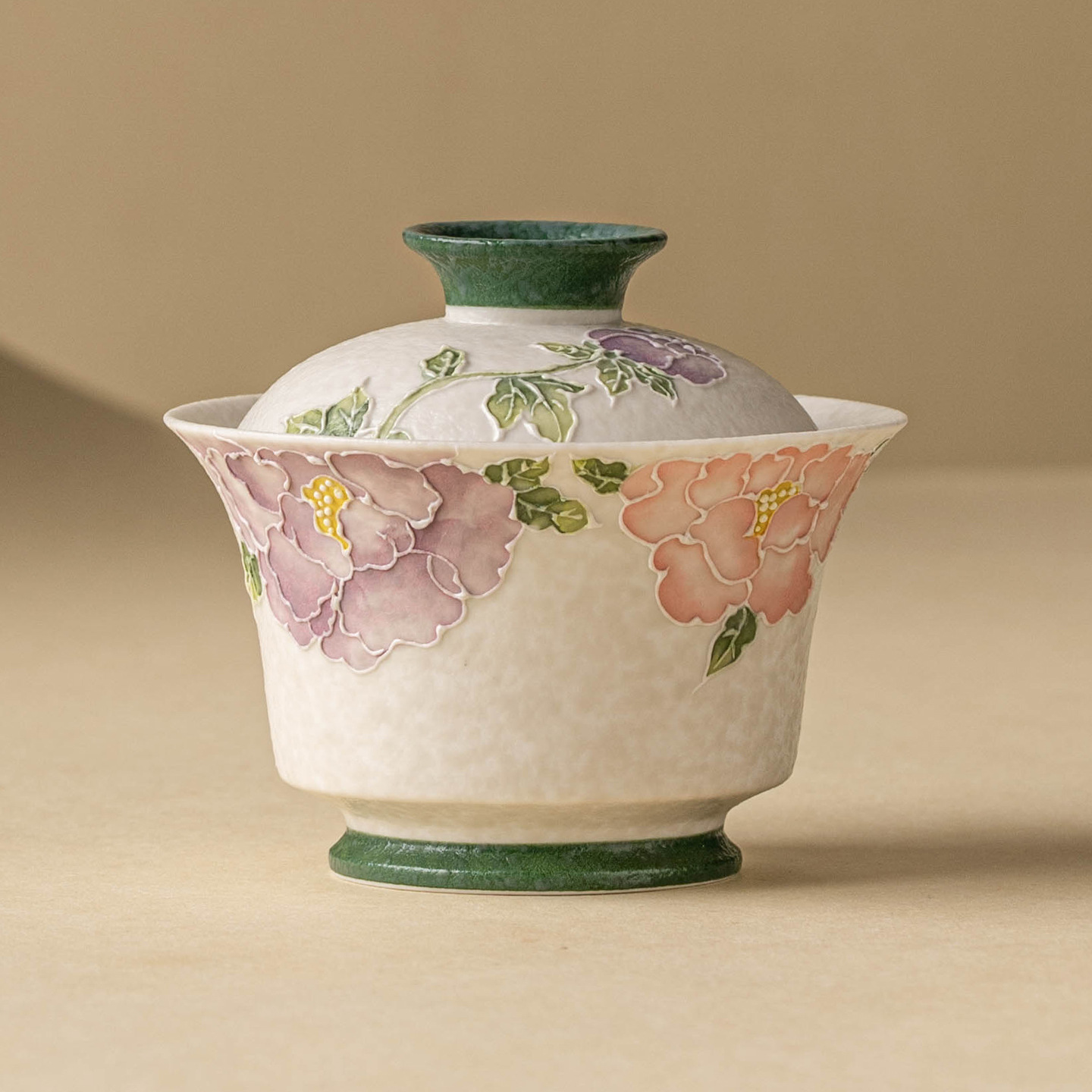 陶瓷手繪堆雕牡丹泡茶茶碗