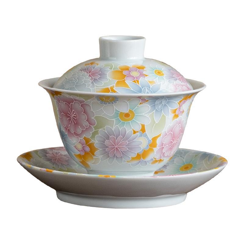 仿古釉萬花三才蓋碗