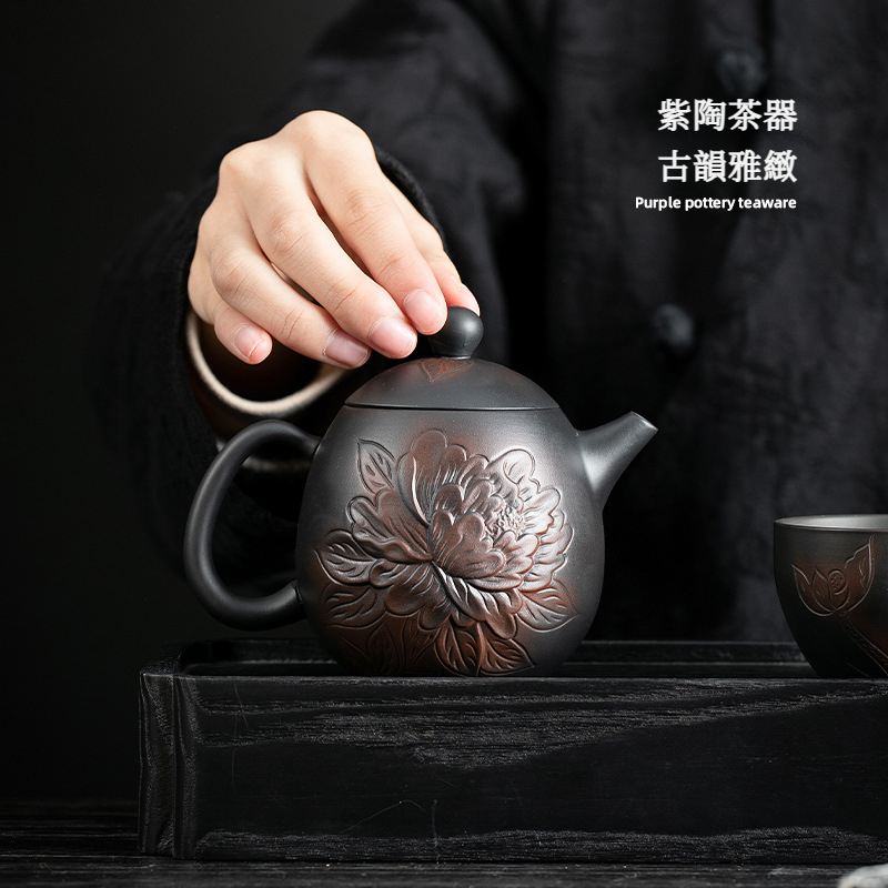 紫陶牡丹茶壺