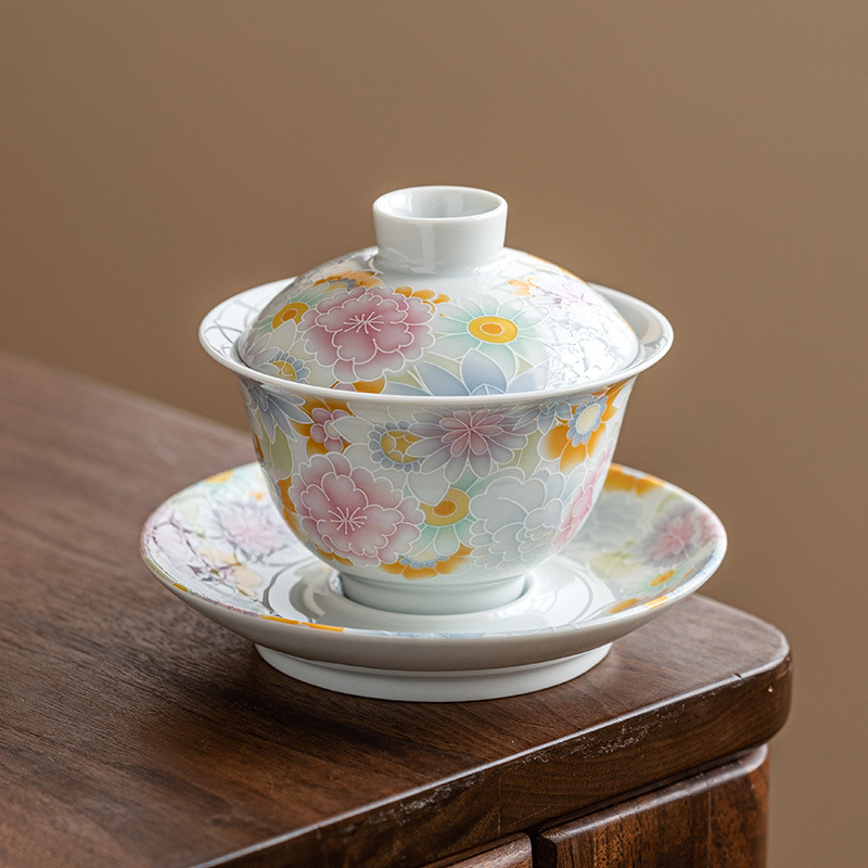 仿古釉萬花三才蓋碗