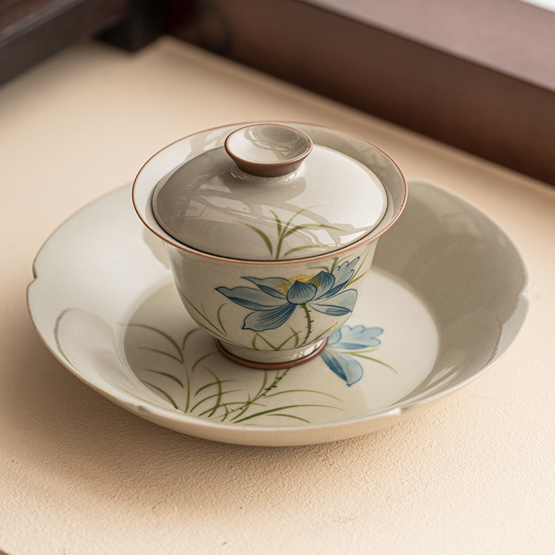 草木灰藍荷花三才蓋碗