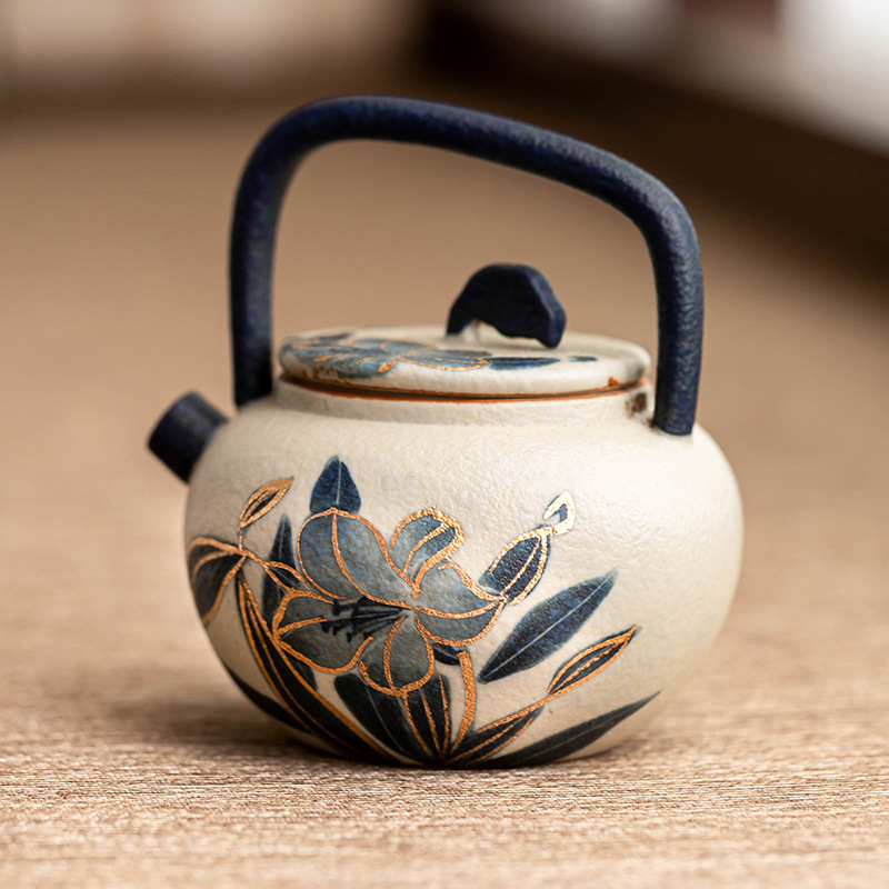 青花火石紅描金提梁壺