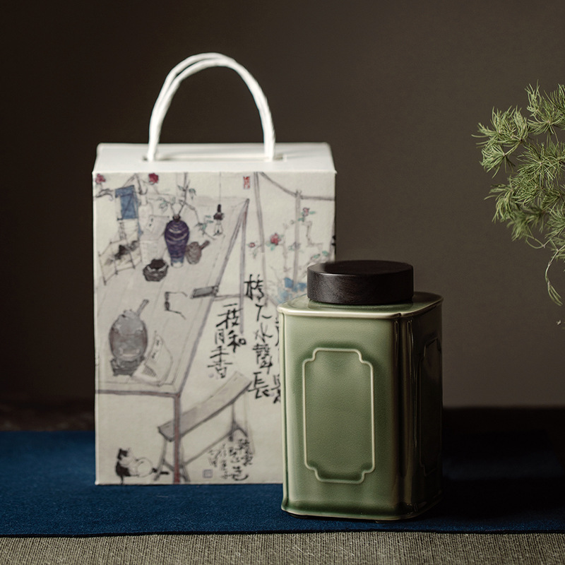 越窑龙泉青瓷四方海棠茶叶罐