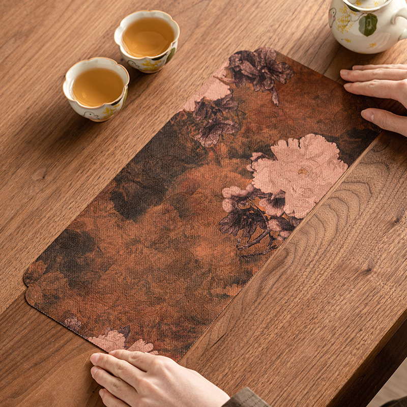 香雲紗牡丹圖長方防水茶席桌墊