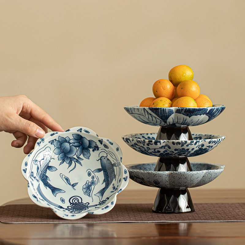 中式復古青花高腳茶點盤水果盤