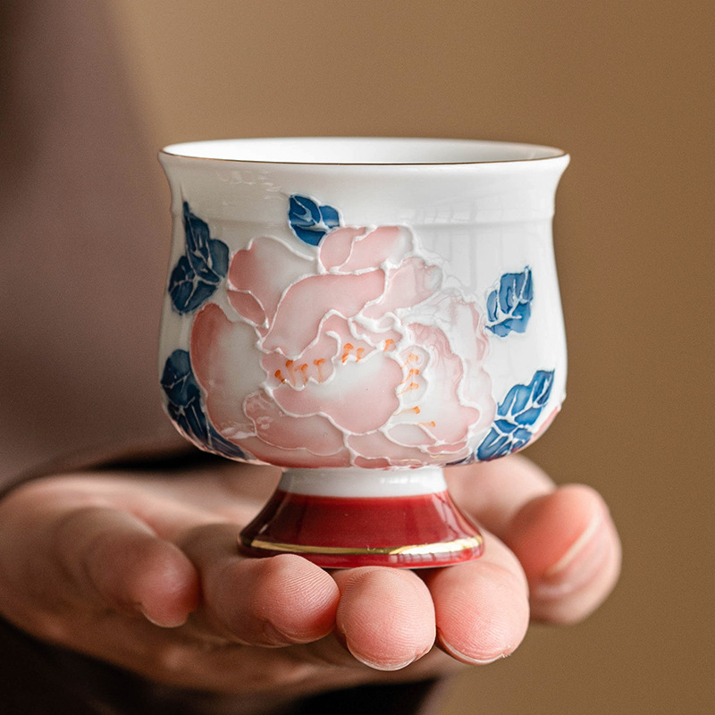 手繪描金牡丹高足茶杯