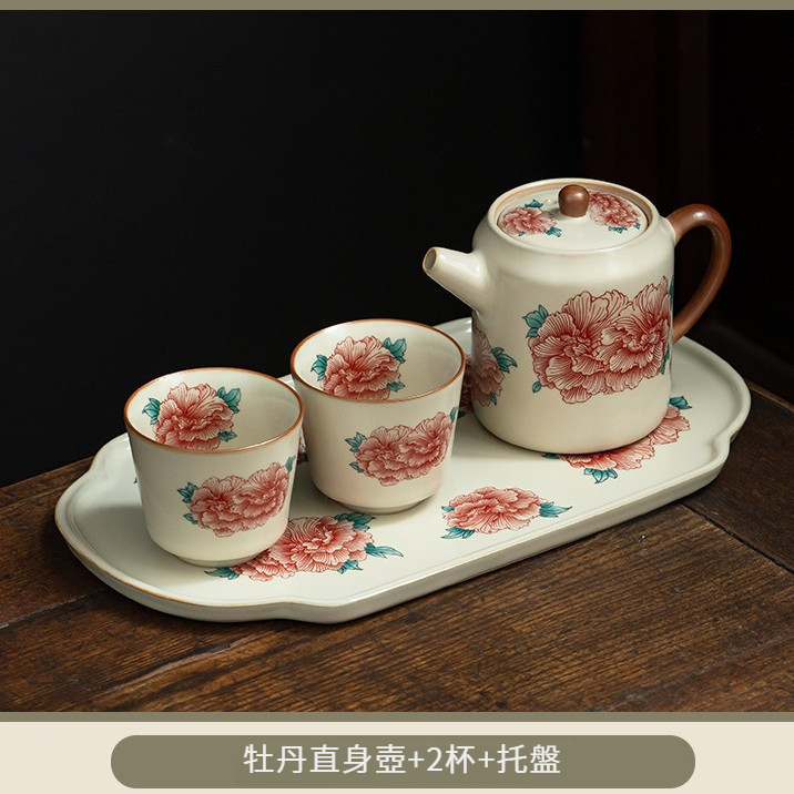 汝窯牡丹花直身壺套組