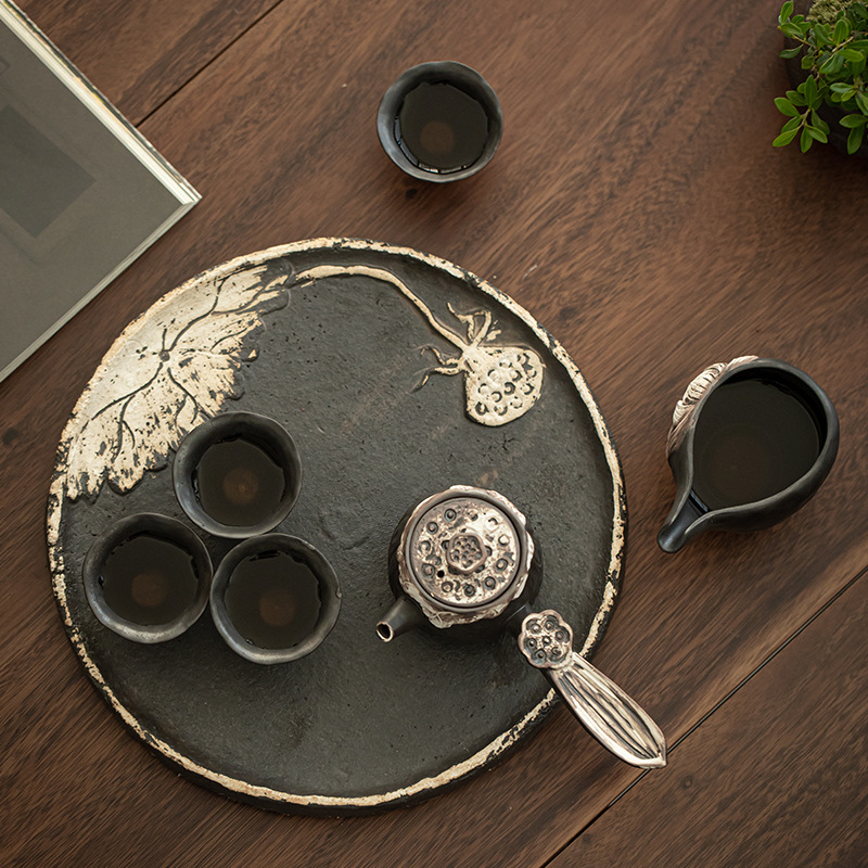 侘寂風粗陶提梁側把壺幹泡盤套組