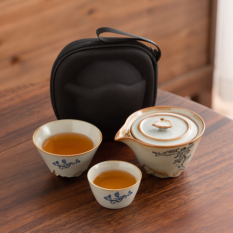 草木灰青花便攜旅行茶具