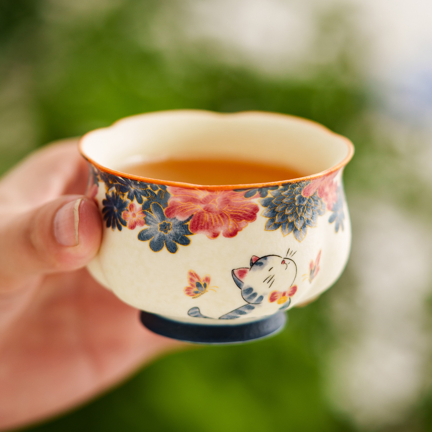 岩礦白蝶戀花萌貓花瓣杯