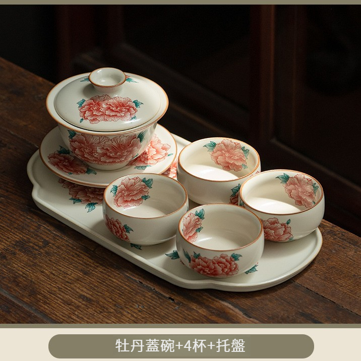 汝窯牡丹花三才蓋碗茶杯套組