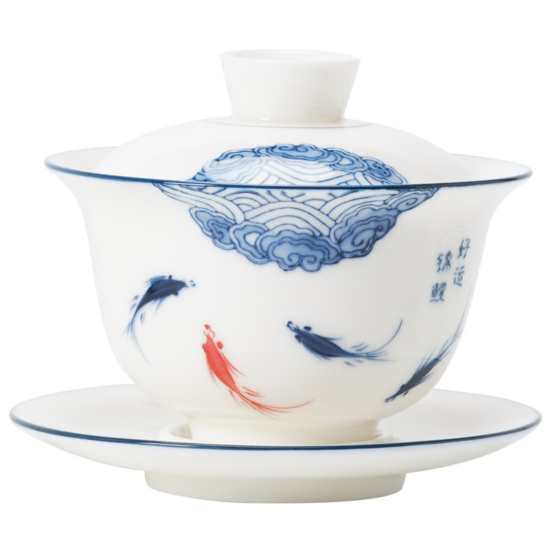 手繪羊脂玉懸停三才蓋碗