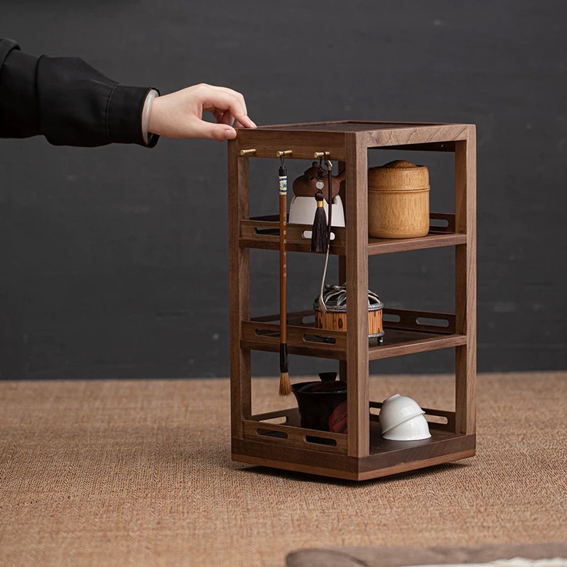 胡桃木茶具毛筆掛旋轉置物架