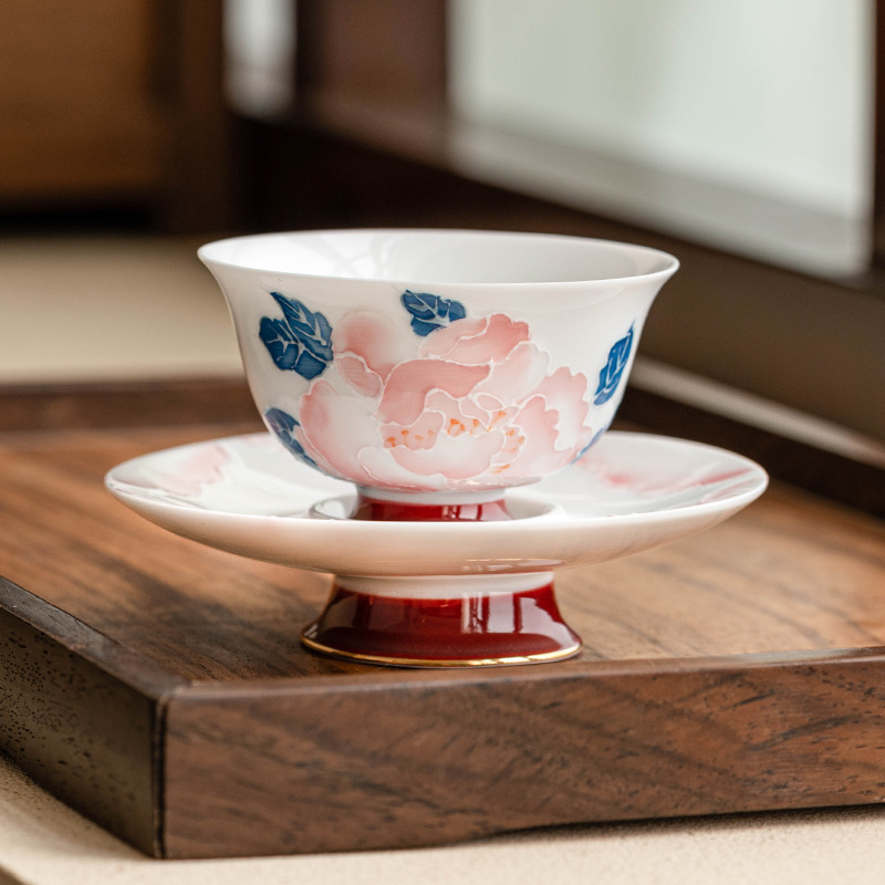 手繪描金牡丹朝顏杯碟套裝