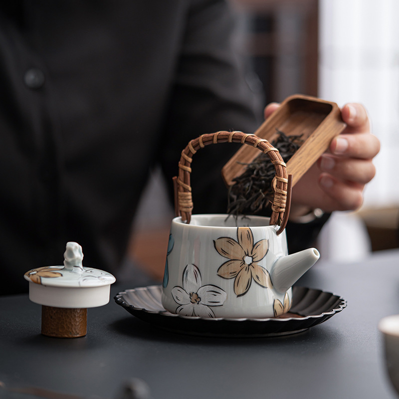 釉下彩日式櫻花藤編提梁壺