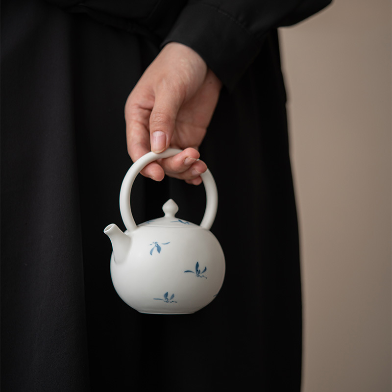 日式啞光手繪秋水蘭花提梁壺