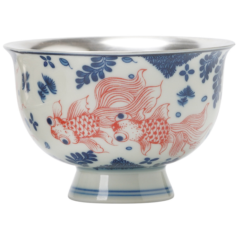 鎏銀金魚戲水茶杯