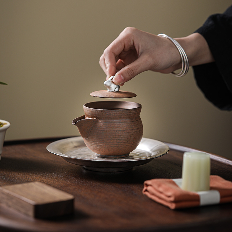 手作老岩泥鎏銀兔子手抓壺