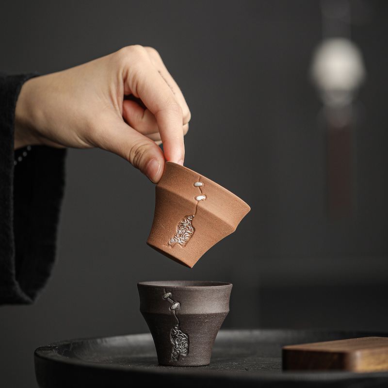 粗陶老岩泥手工鎏銀主人杯