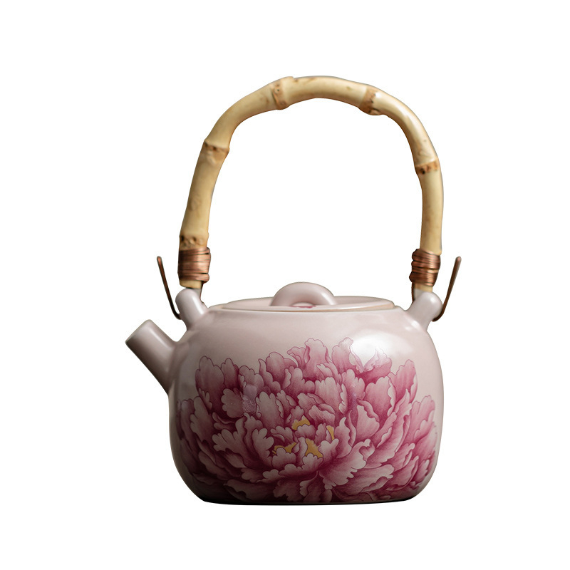 粉汝牡丹竹節提梁壺
