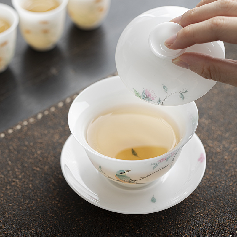 冰種陶瓷花鳥蓋碗