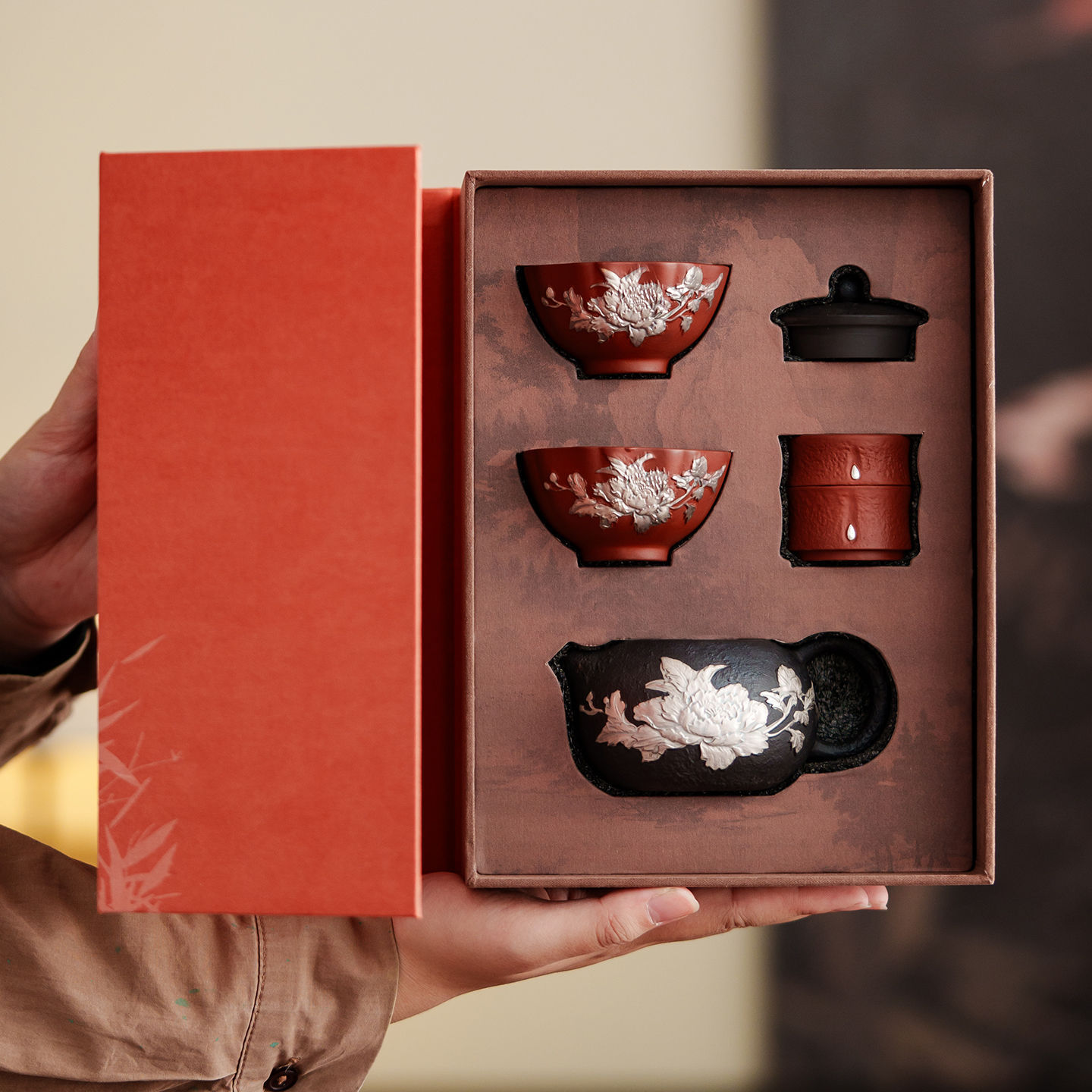 紅泥紫砂鎏銀茶具禮盒裝