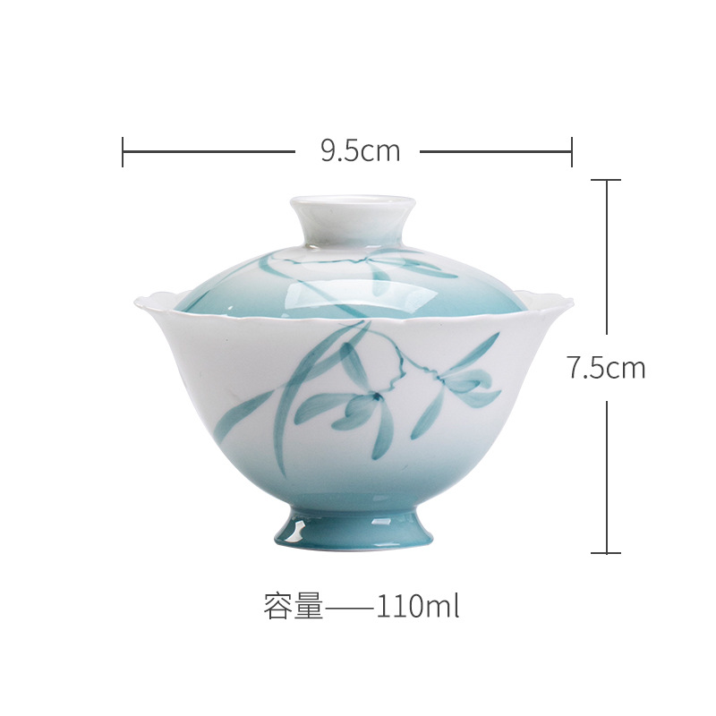 玉泥手繪蘭花漸變藍手繪花口蓋碗