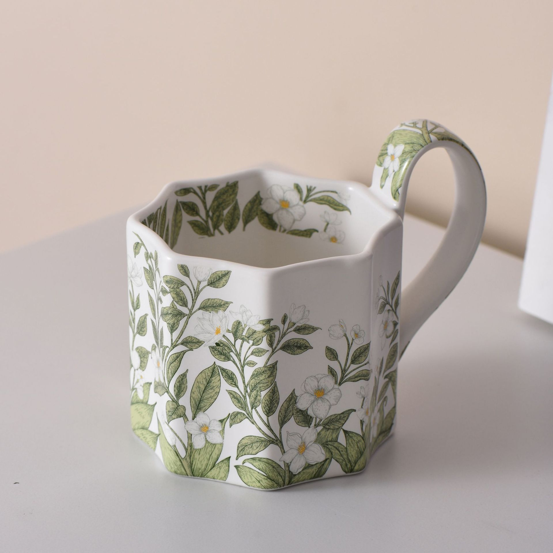 茉莉花陶瓷復古馬克八角杯