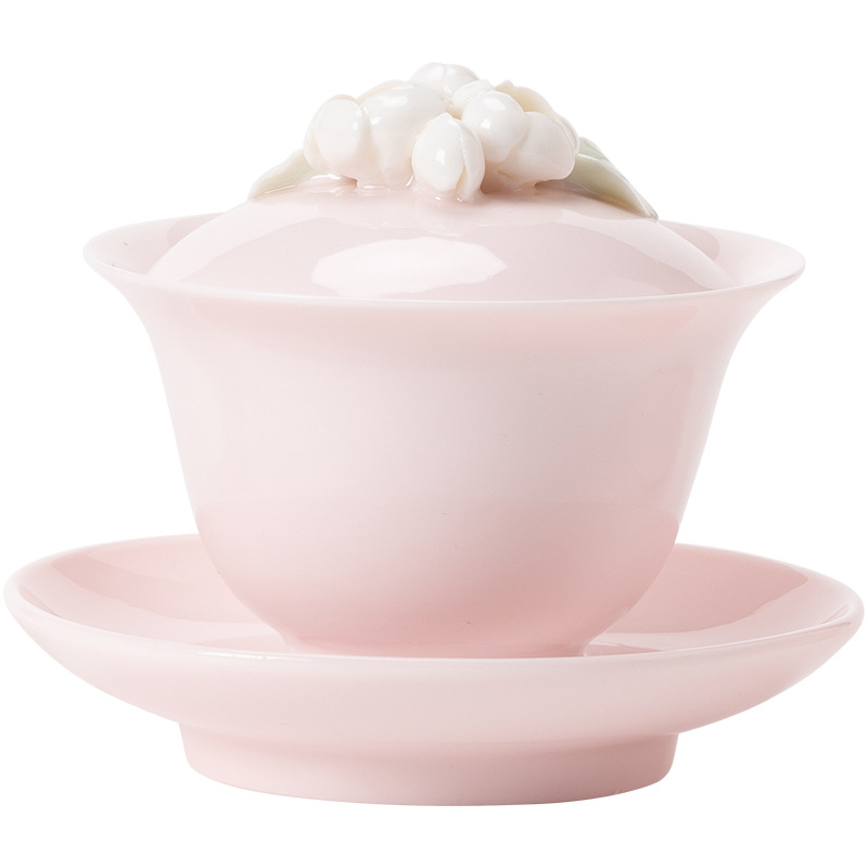 桃粉捏花三才蓋碗茶杯